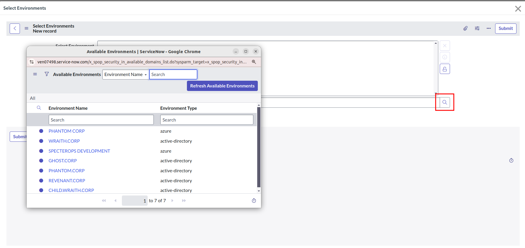 A view of the ServiceNow user interface showing the process of selecting an environment for attack path type filtering.