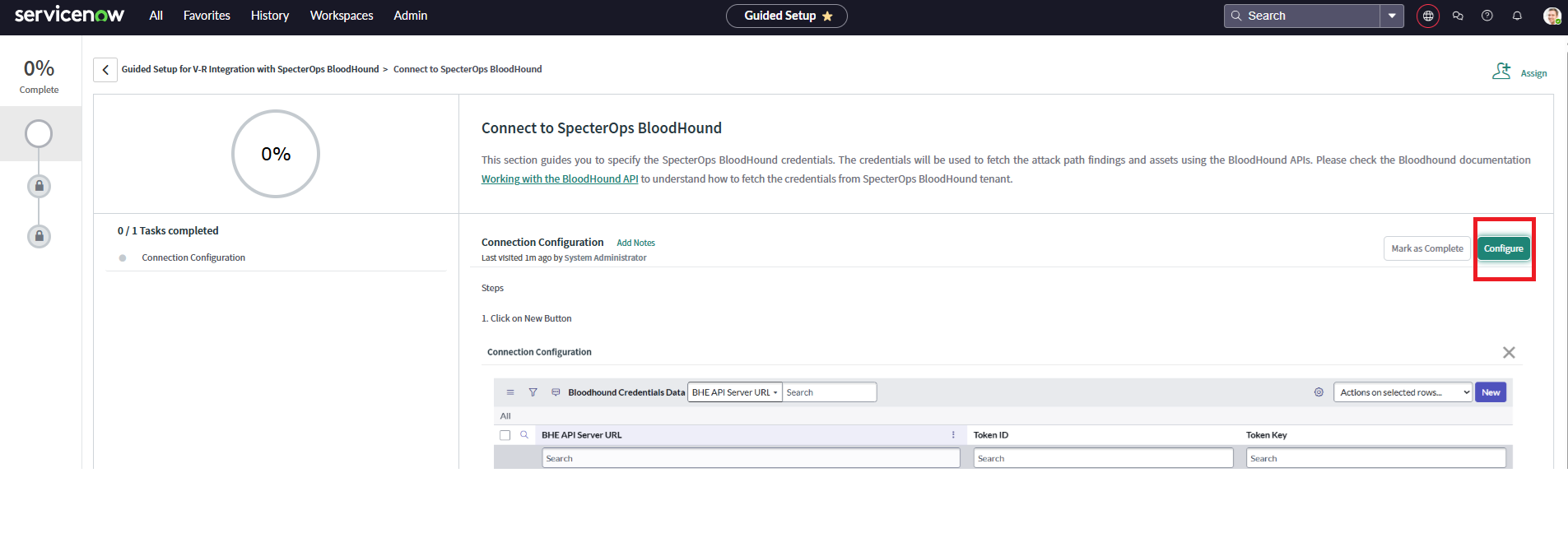 A view of the ServiceNow user interface showing the guided setup for connecting to a BloodHound Enterprise tenant.