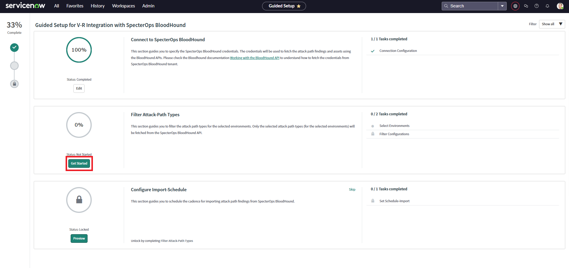 A view of the ServiceNow user interface showing the guided setup for filtering attack path types for BloodHound Enterprise findings.