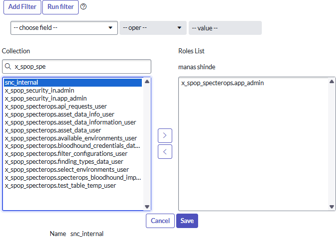 A view of the ServiceNow user interface showing the process of assigning the x_spop_specterops.app_admin role to a new service account user.