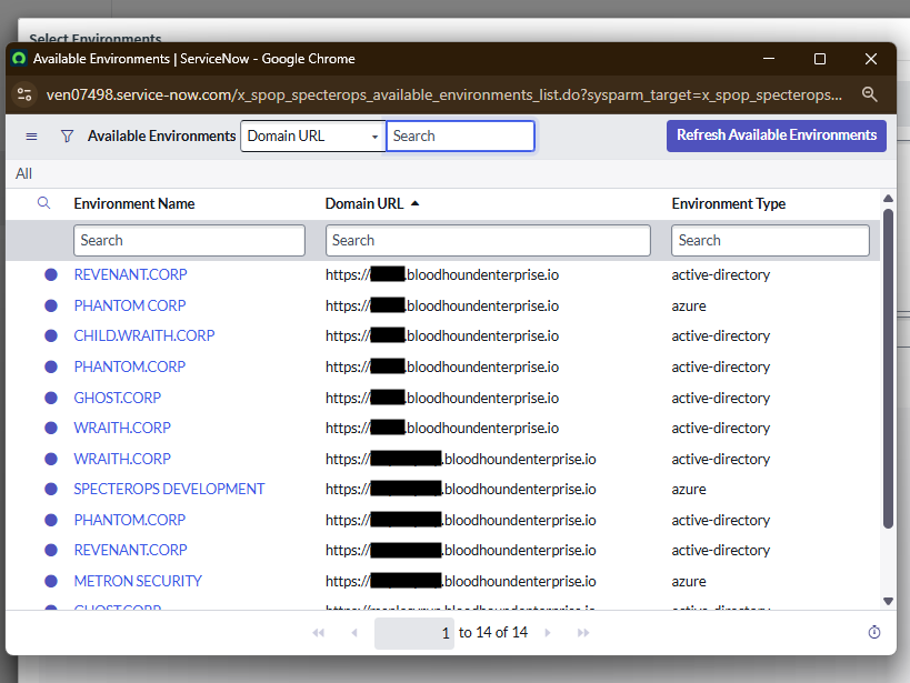 A view of the ServiceNow user interface showing the process of selecting an environment for attack path type filtering.