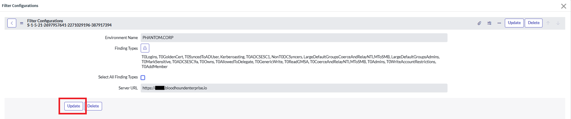 A view of the ServiceNow user interface showing the process of updating the filter configuration.
